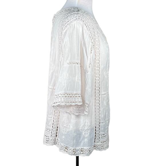 Democracy Women’s Ivory Gauzy Cotton Crochet Trim 3/4 Sleeve Boho Top Medium EUC - Picture 5 of 13